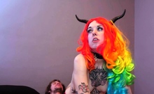 Tattooed cosplay slut enjoys sucking and fucking a hard cock