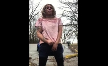 Crossdresser outside jerk off