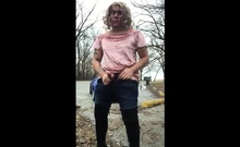 Crossdresser outside jerk off