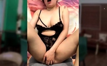 Busty curly brunette with big boobs fucks on couch
