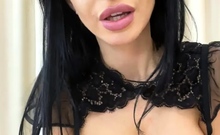 Busty curly brunette with big boobs fucks on couch