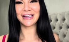 Busty curly brunette with big boobs fucks on couch