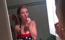Trashy blonde babe in stockings